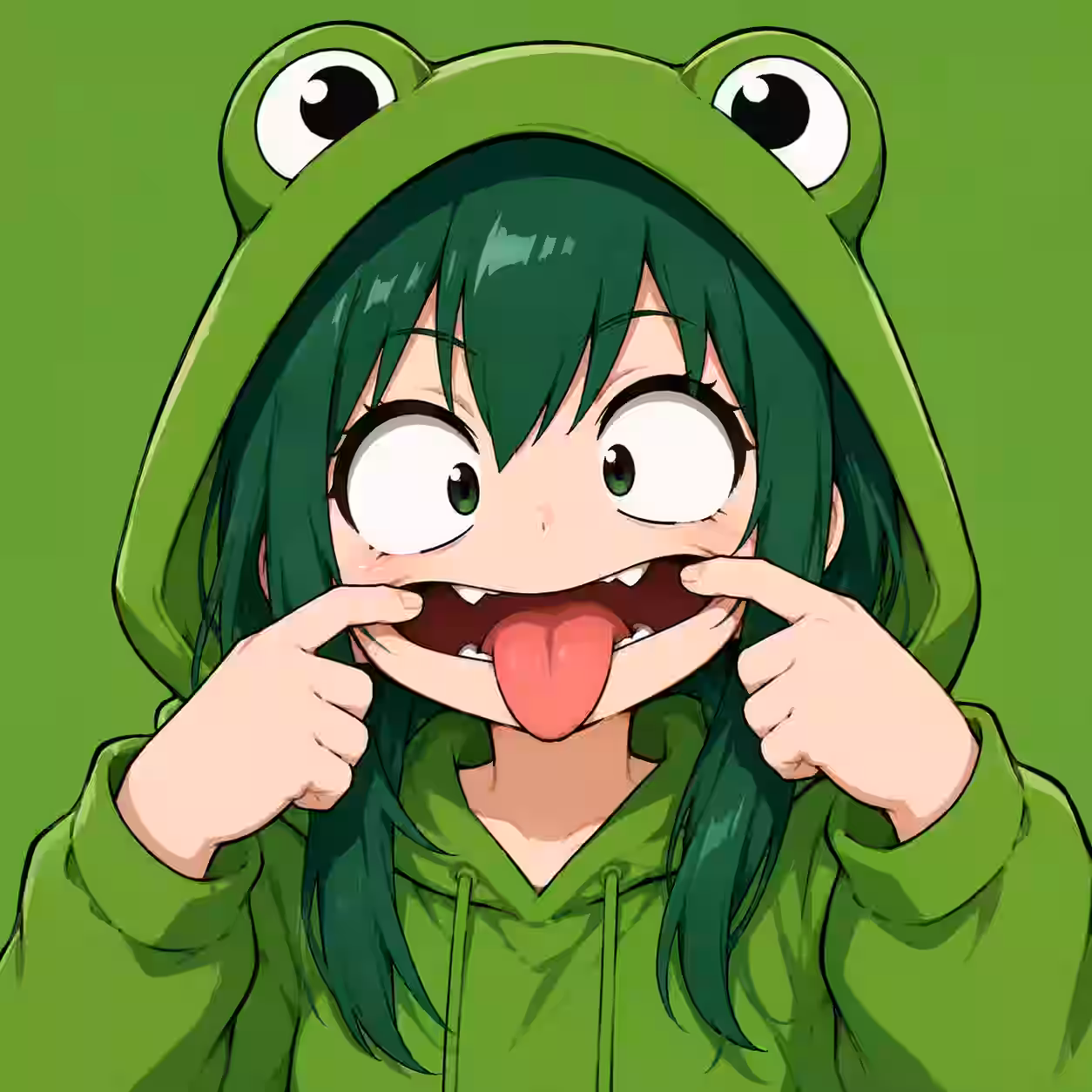 Anime girl with green hair wearing a frog hoodie while making a goofy face by pulling her mouth wide with her tongue out.
