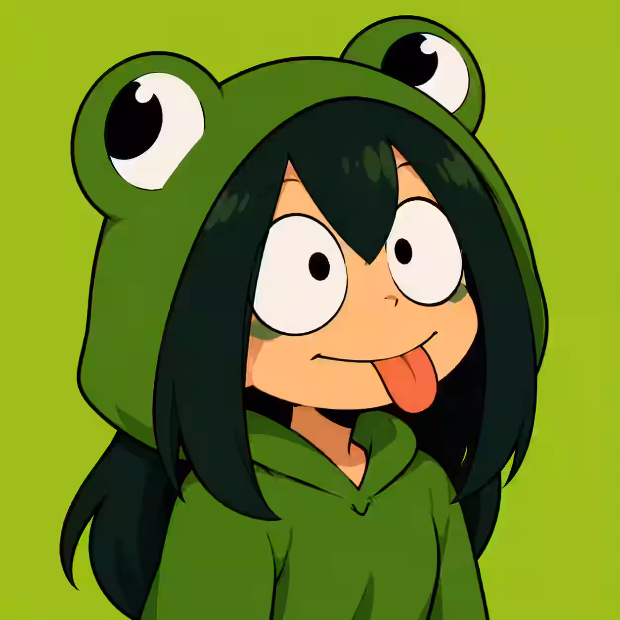 Funny anime girl PFP wearing a green frog hoodie with a silly tongue-out expression on a bright green background.