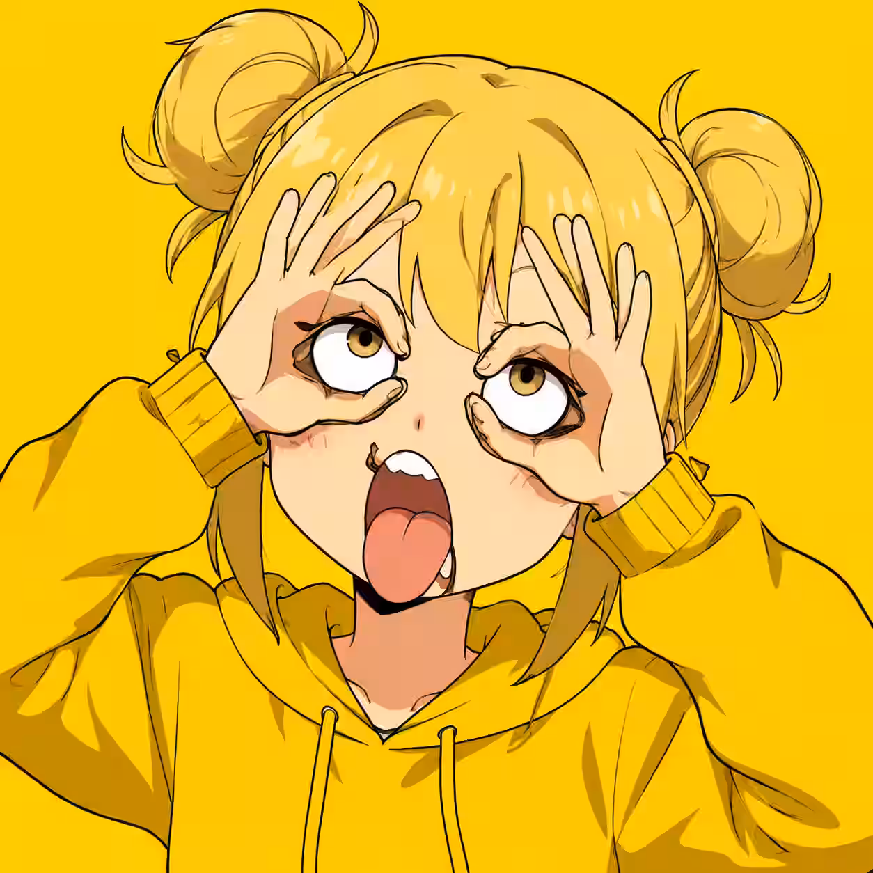 Funny anime girl with blonde twin buns wearing a yellow hoodie, making eye circles with her fingers and sticking out her tongue on a bright yellow background.