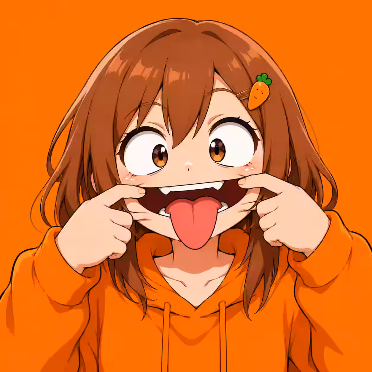 Anime girl with brown hair wearing an orange hoodie, making a goofy face by pulling her mouth wide with her tongue out and a carrot hair clip.