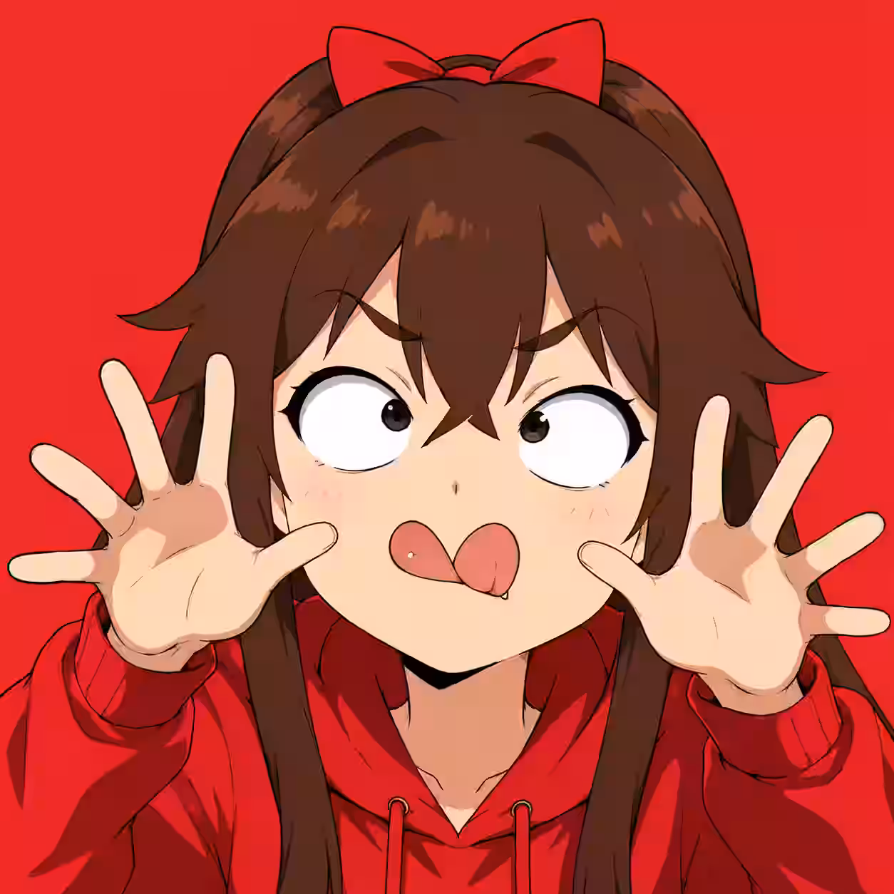 Anime girl with brown hair wearing a red hoodie and red bow while making a goofy face with crossed eyes, her tongue out, and both hands raised on a red background.
