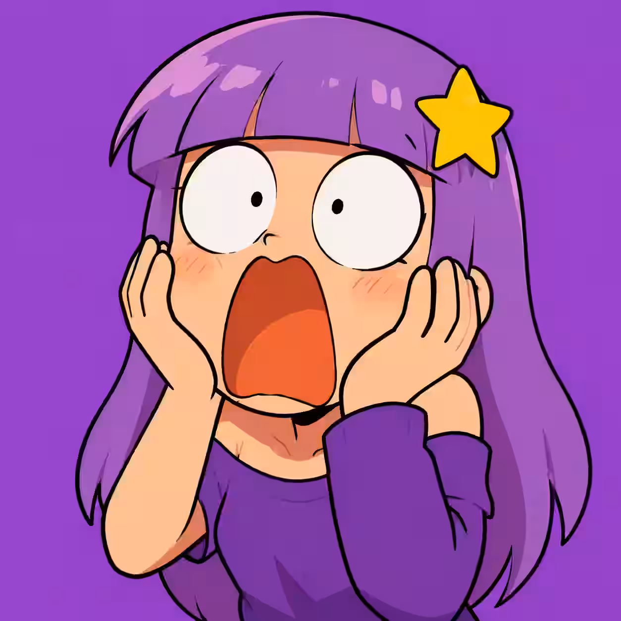 Funny anime girl PFP with purple hair, shocked expression, huge open mouth, star hair clip, and hands on cheeks against a purple background.