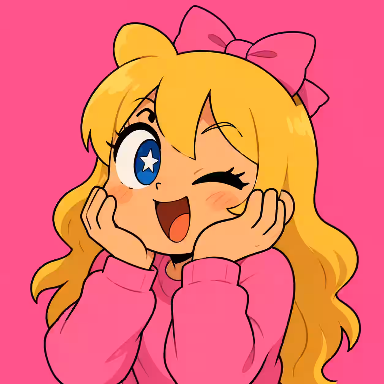 Funny anime girl PFP with long blonde hair, a pink bow, one sparkling blue star eye, winking, and smiling on a bright pink background.