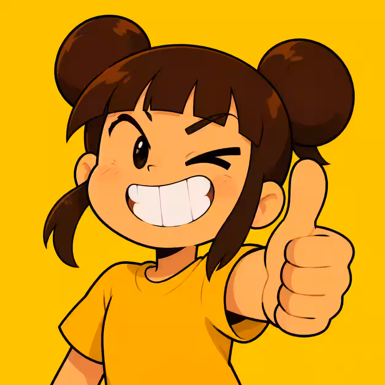 Funny anime girl PFP with brown hair in twin buns, winking, giving a thumbs up, and wearing a yellow shirt on a bright yellow background.