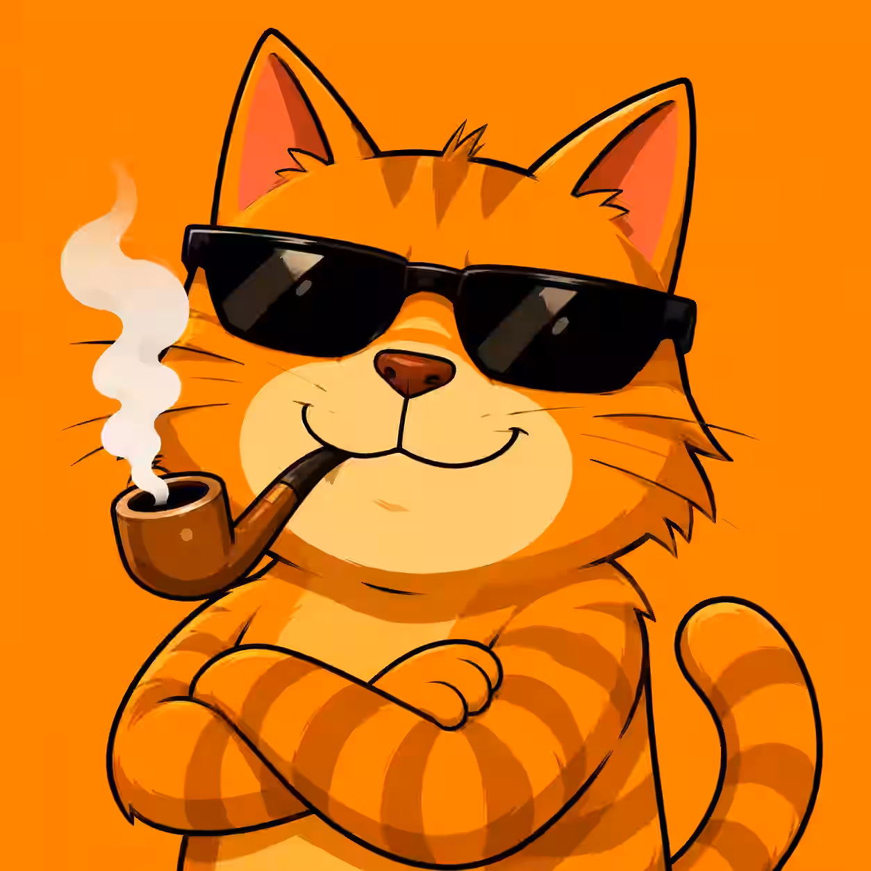 Orange cartoon cat wearing black sunglasses with a smoking pipe and crossed arms on an orange background.