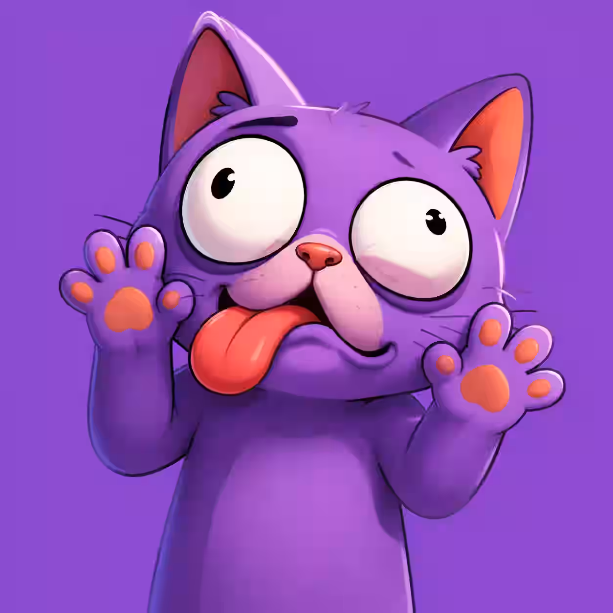 Purple cartoon cat with crossed eyes, its tongue sticking out, and both paws raised on a purple background.