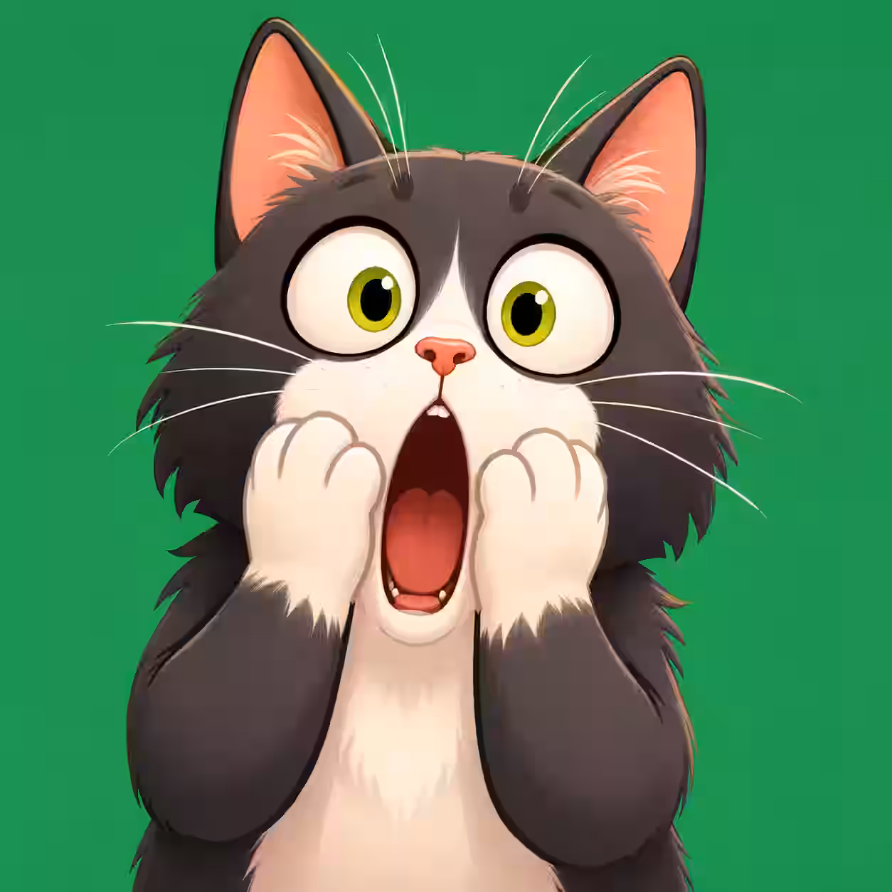 Black and white cartoon cat with wide green eyes, an open mouth, and both paws pressed against its cheeks on a green background.