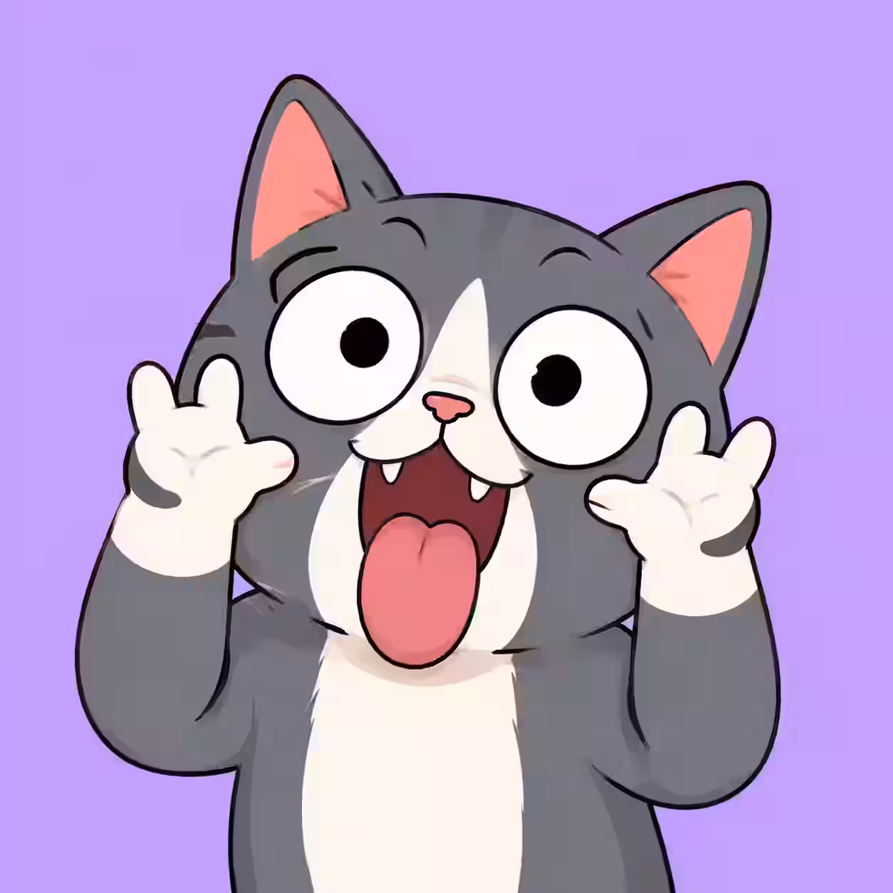 Gray and white cartoon cat with wide eyes, its tongue sticking out, and both paws raised on a purple background.
