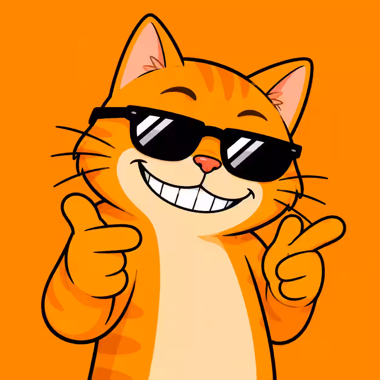 Orange cartoon cat wearing black sunglasses, smiling with a wide grin and making finger gun gestures on an orange background.