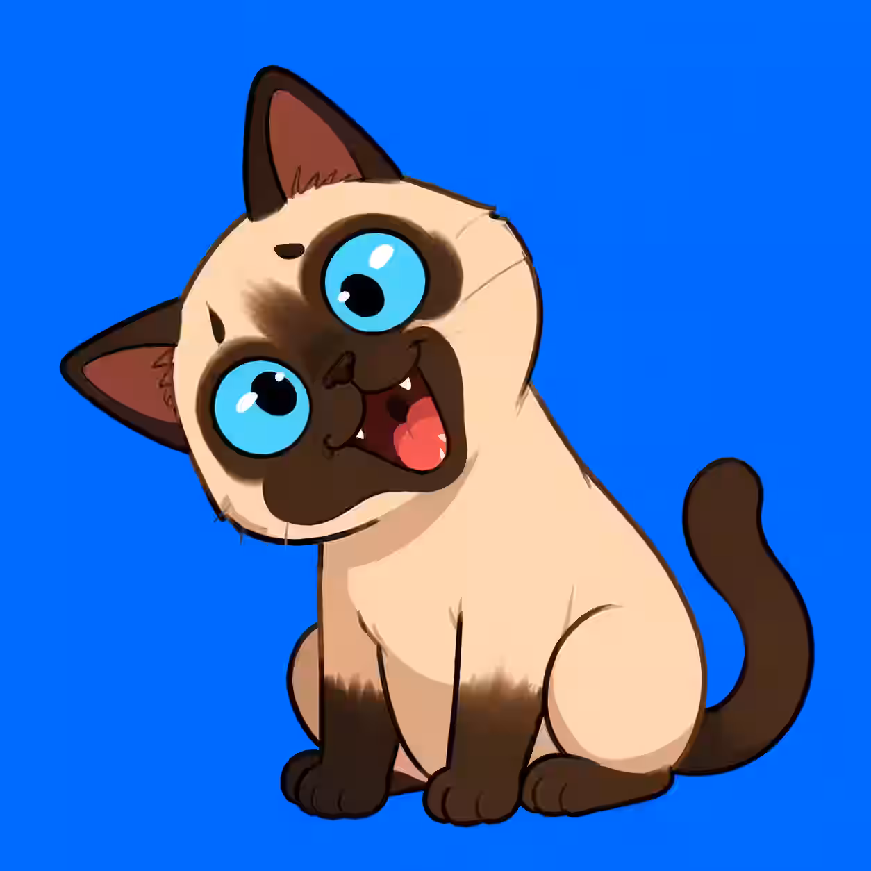 Cute cartoon Siamese cat with bright blue eyes, a tilted head, and a happy smile on a blue background.