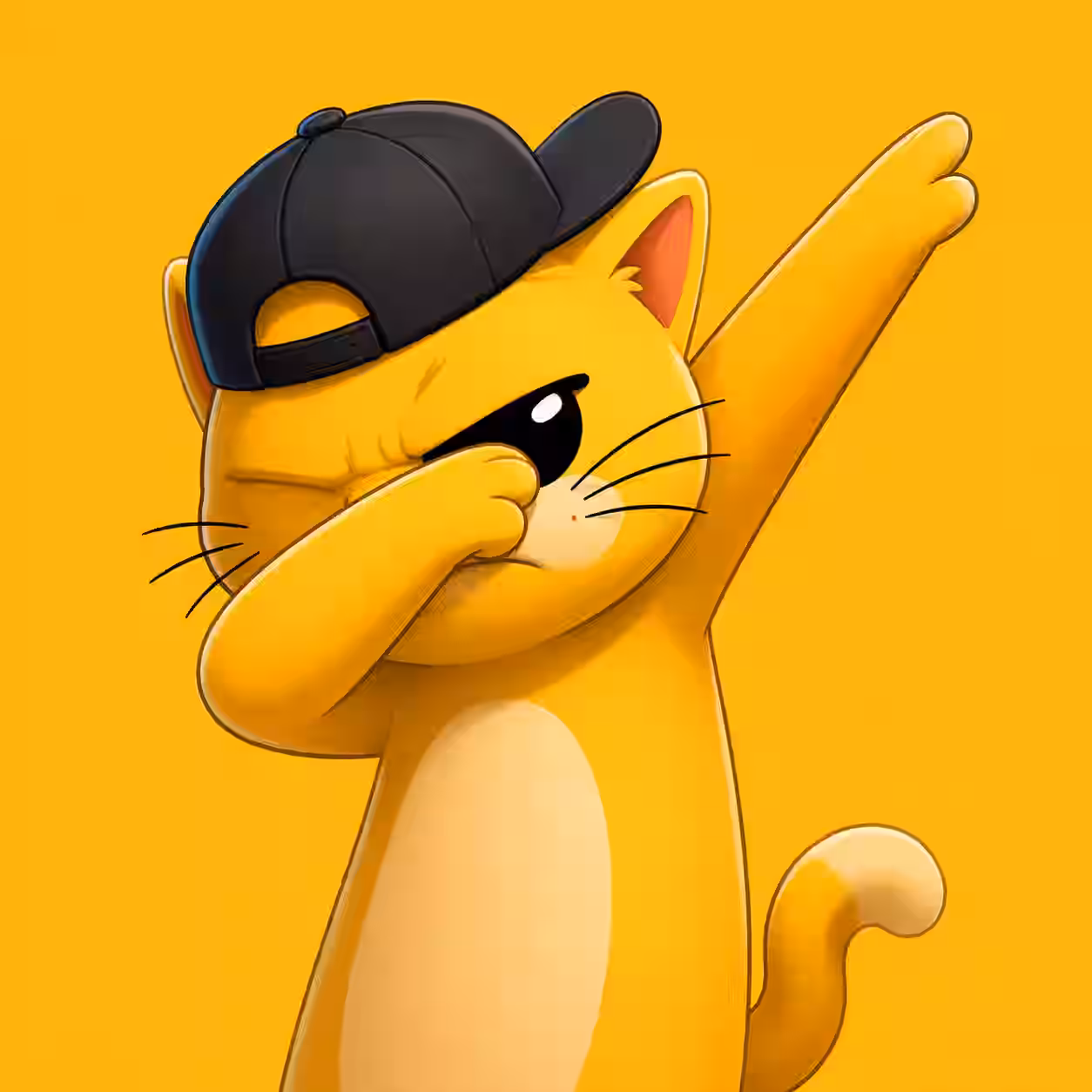 Yellow cartoon cat wearing a backward black cap while striking a dab pose on a bright yellow background.