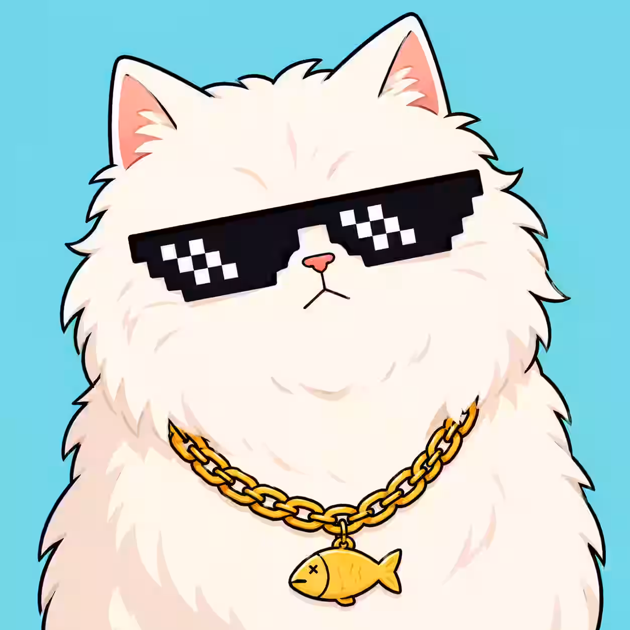 Fluffy white cartoon cat wearing pixelated black sunglasses and a gold fish pendant necklace on a light blue background.