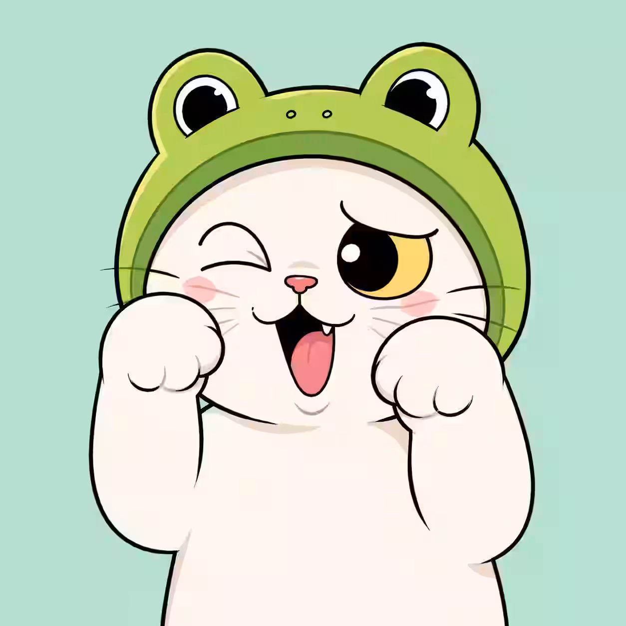 White cartoon cat wearing a green frog hat, winking with one eye and smiling on a light green background.