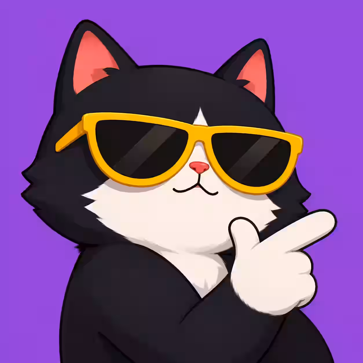 Black and white cartoon cat wearing yellow sunglasses while pointing with one paw on a purple background.