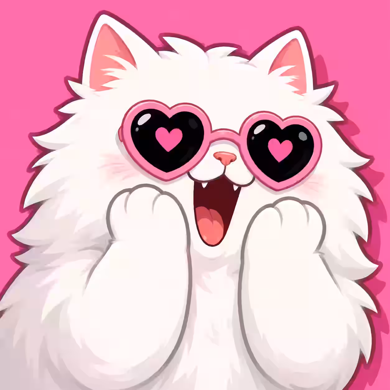 Fluffy white cartoon cat wearing pink heart-shaped sunglasses with heart-shaped pupils on a bright pink background.
