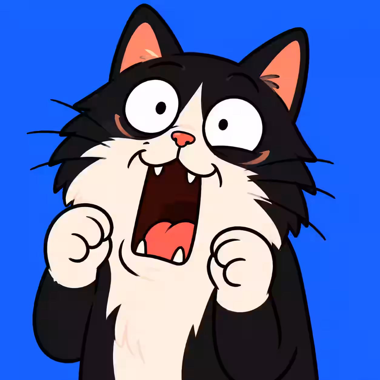Black and white cartoon cat with wide eyes, an open mouth, and raised paws on a blue background.