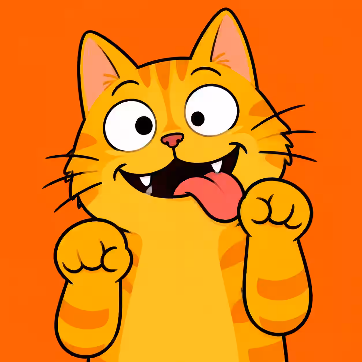 Orange cartoon cat with wide eyes, its tongue sticking out, and both paws raised on an orange background.