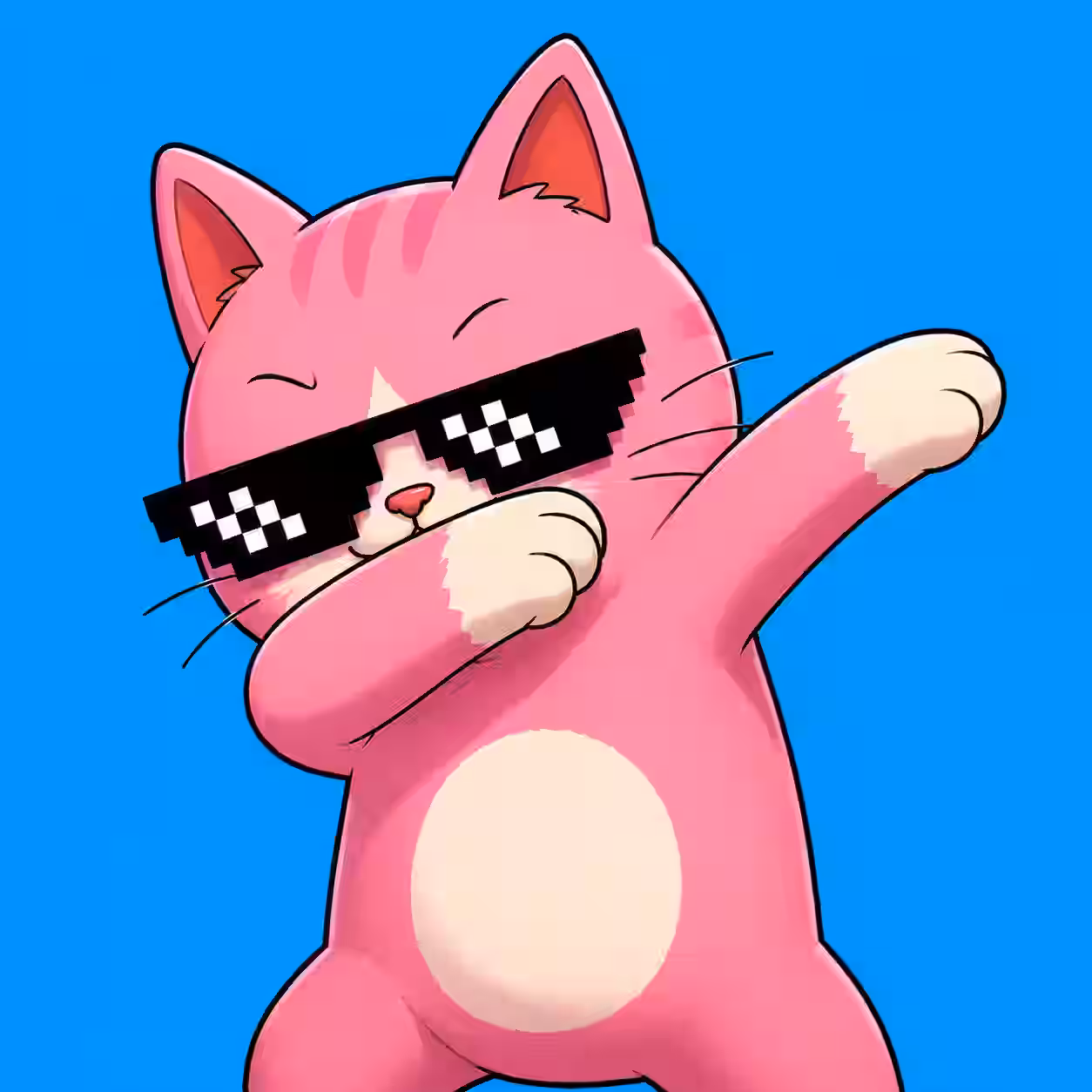 Pink cartoon cat wearing pixelated black sunglasses while doing a dab pose on a blue background.