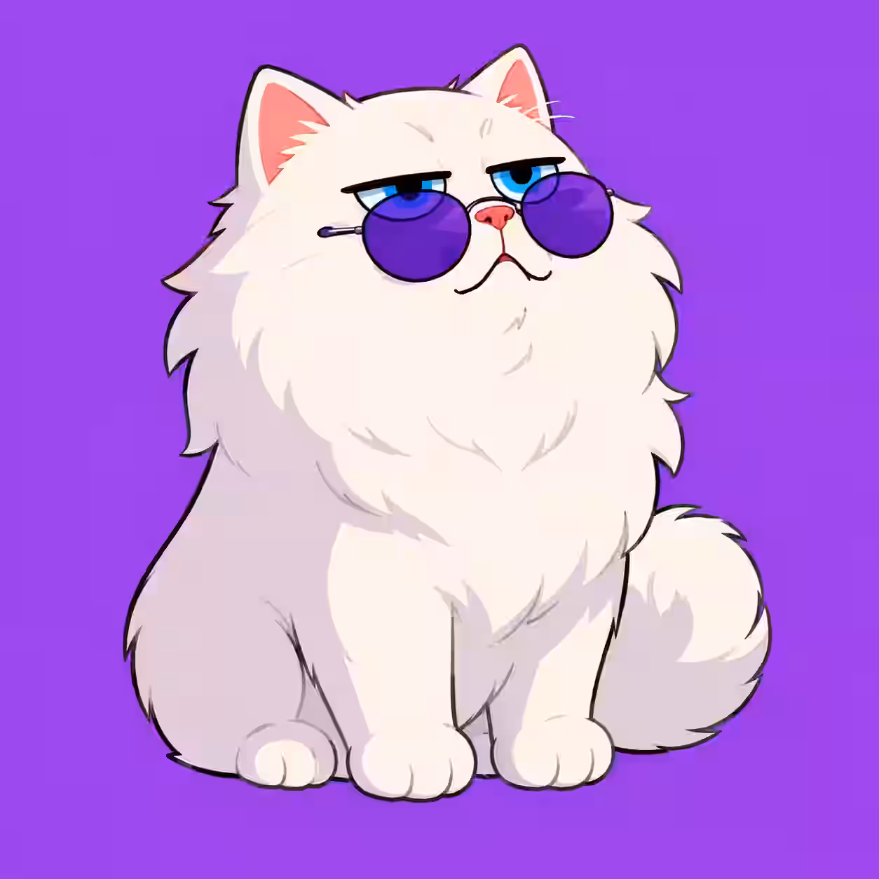 Fluffy white cartoon cat wearing round purple sunglasses with a smug expression on a purple background.