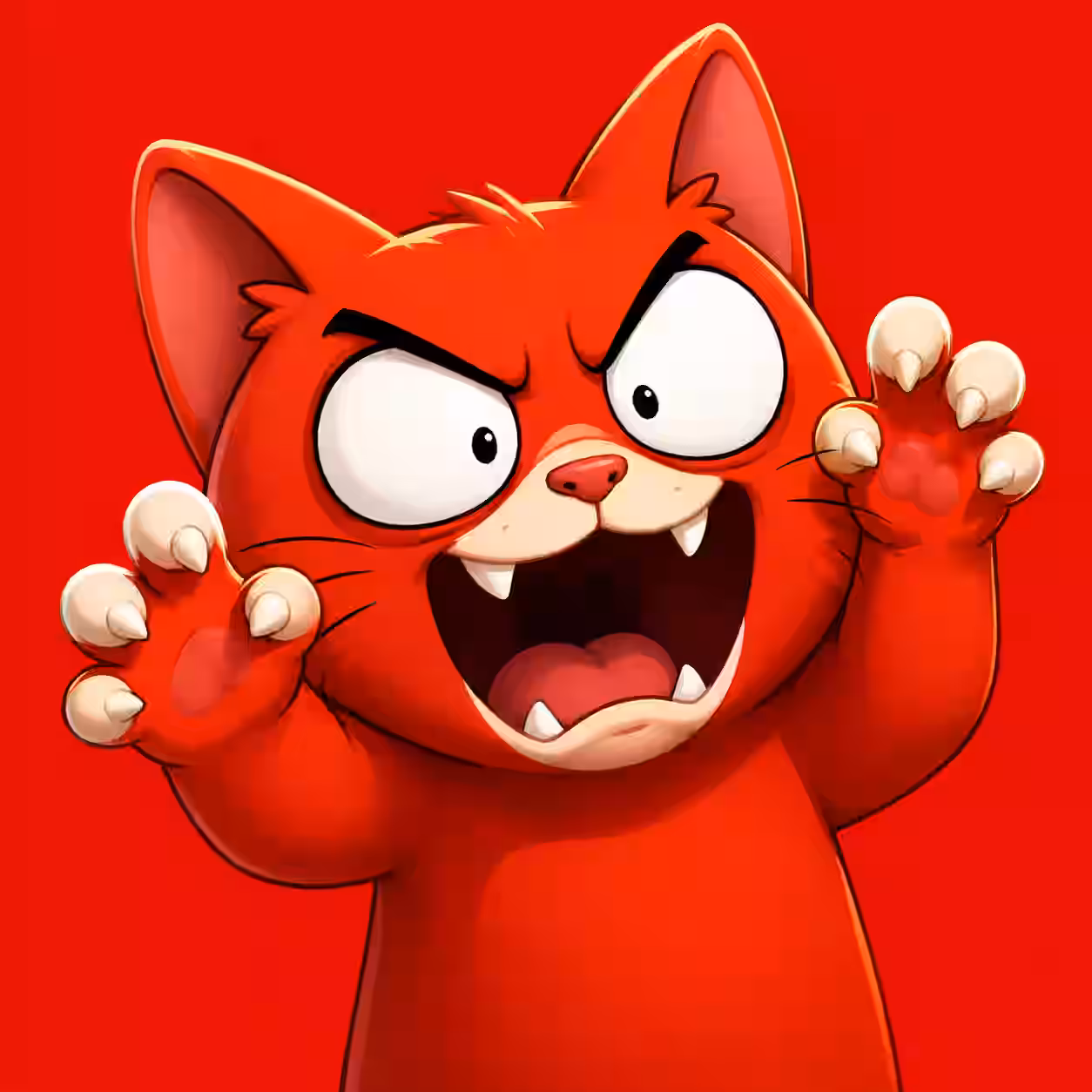 Red cartoon cat with an angry expression, open mouth, raised paws, and sharp claws on a solid red background.