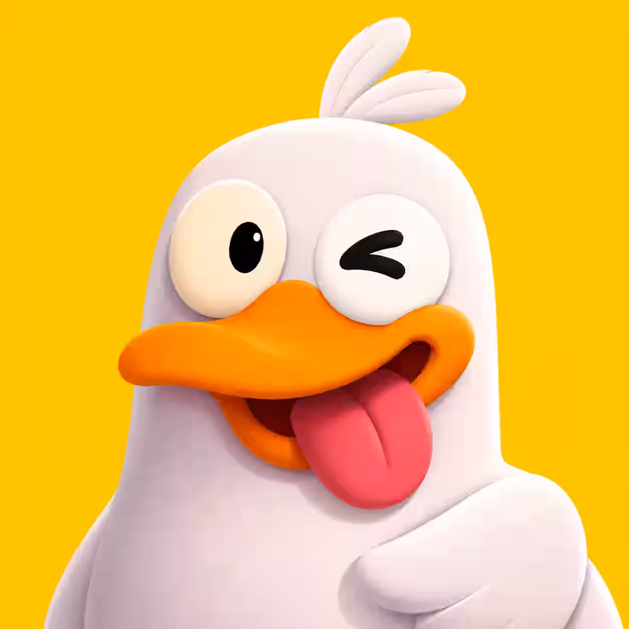 Funny duck PFP with one eye winking, tongue sticking out, and a goofy expression on a bright yellow background.