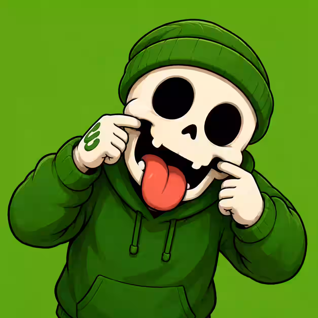 Cool skeleton PFP wearing a green beanie and hoodie while making a funny tongue-out face on a bright green background.