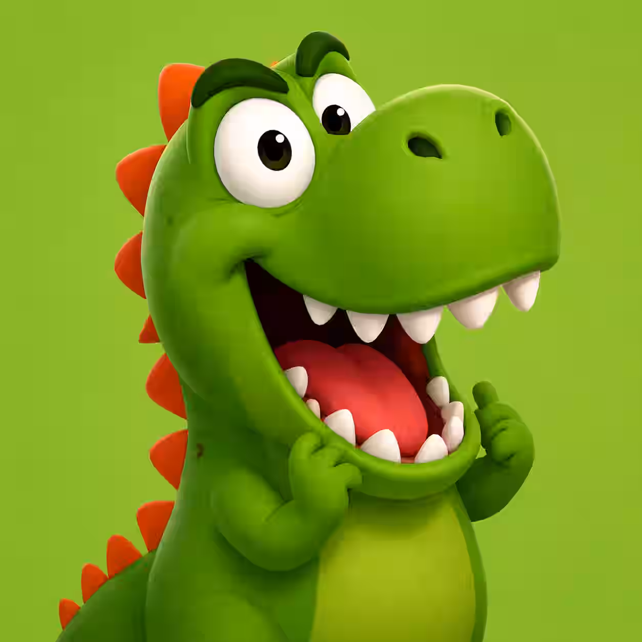 Funny green dinosaur PFP with a huge happy smile, cartoon style, and an excited expression on a bright green background.